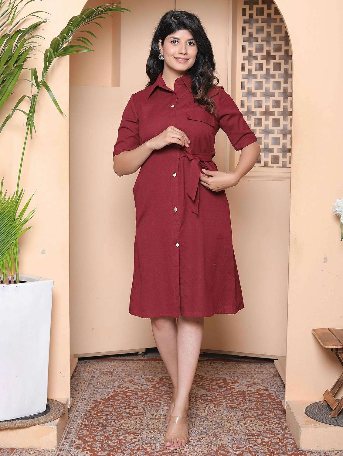 women solid collared short sleeve shirt dress - 22317786 -  Standard Image - 1