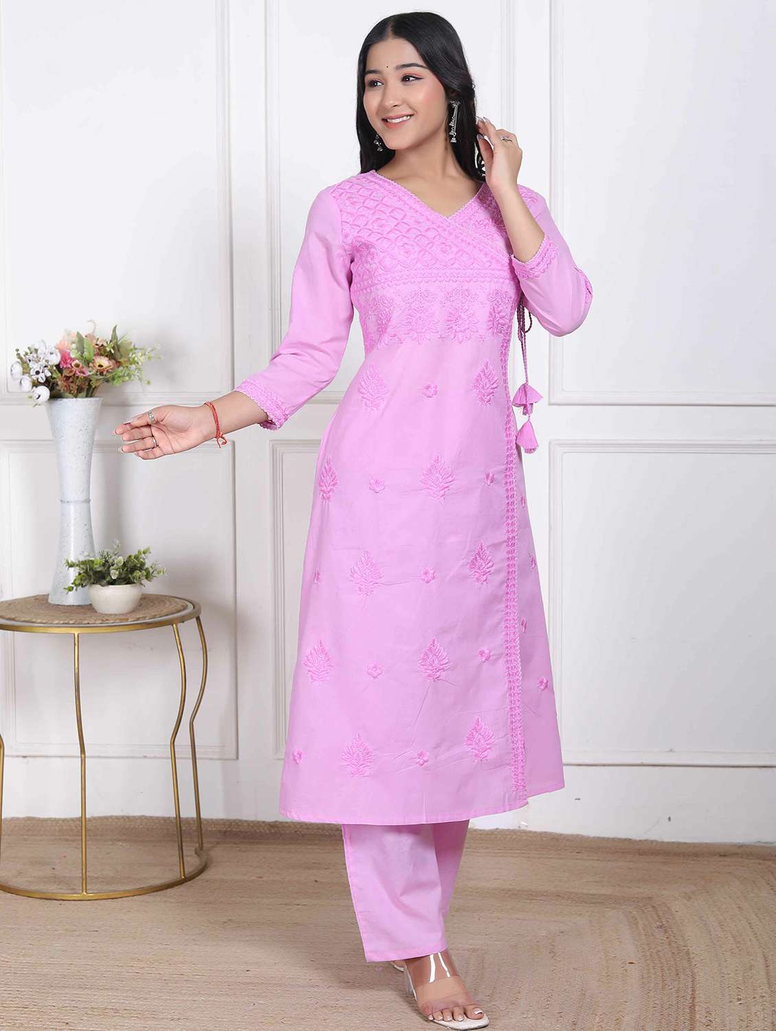 women solid with work three quarter sleeve kurta pant set - 22317792 -  Standard Image - 1
