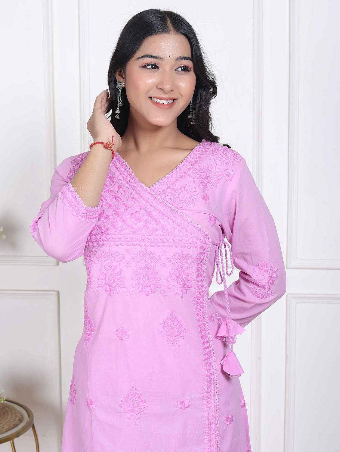 women solid with work three quarter sleeve kurta pant set - 22317792 -  Standard Image - 4