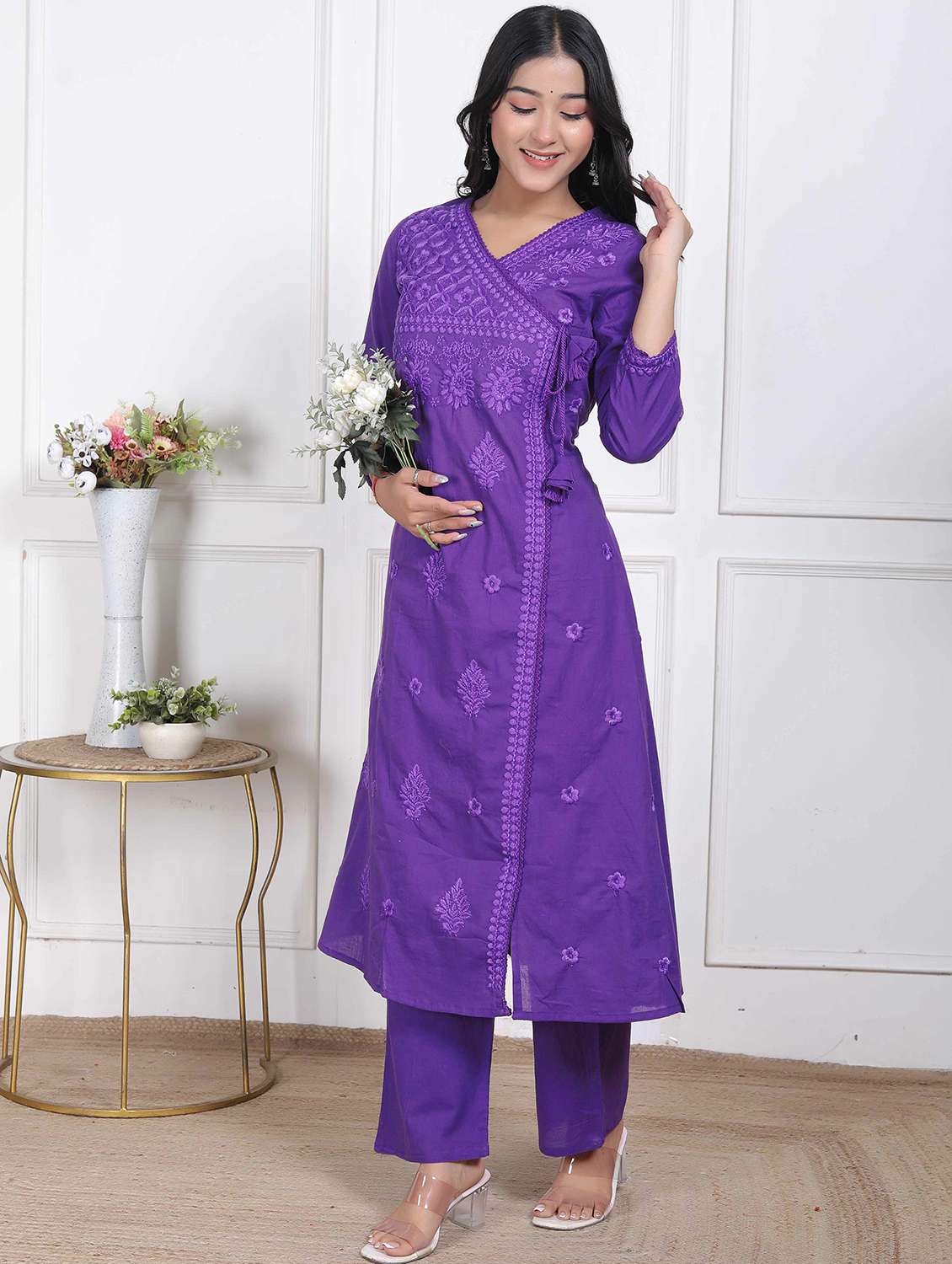 women solid with work three quarter sleeve kurta pant set - 22317794 -  Standard Image - 1