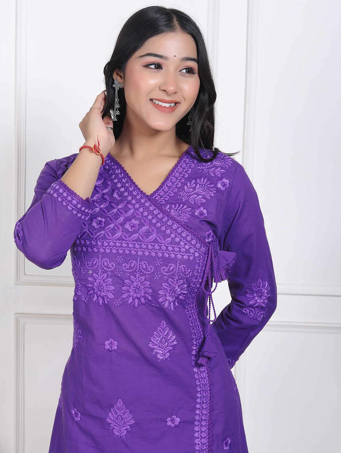 women solid with work three quarter sleeve kurta pant set - 22317794 -  Standard Image - 4