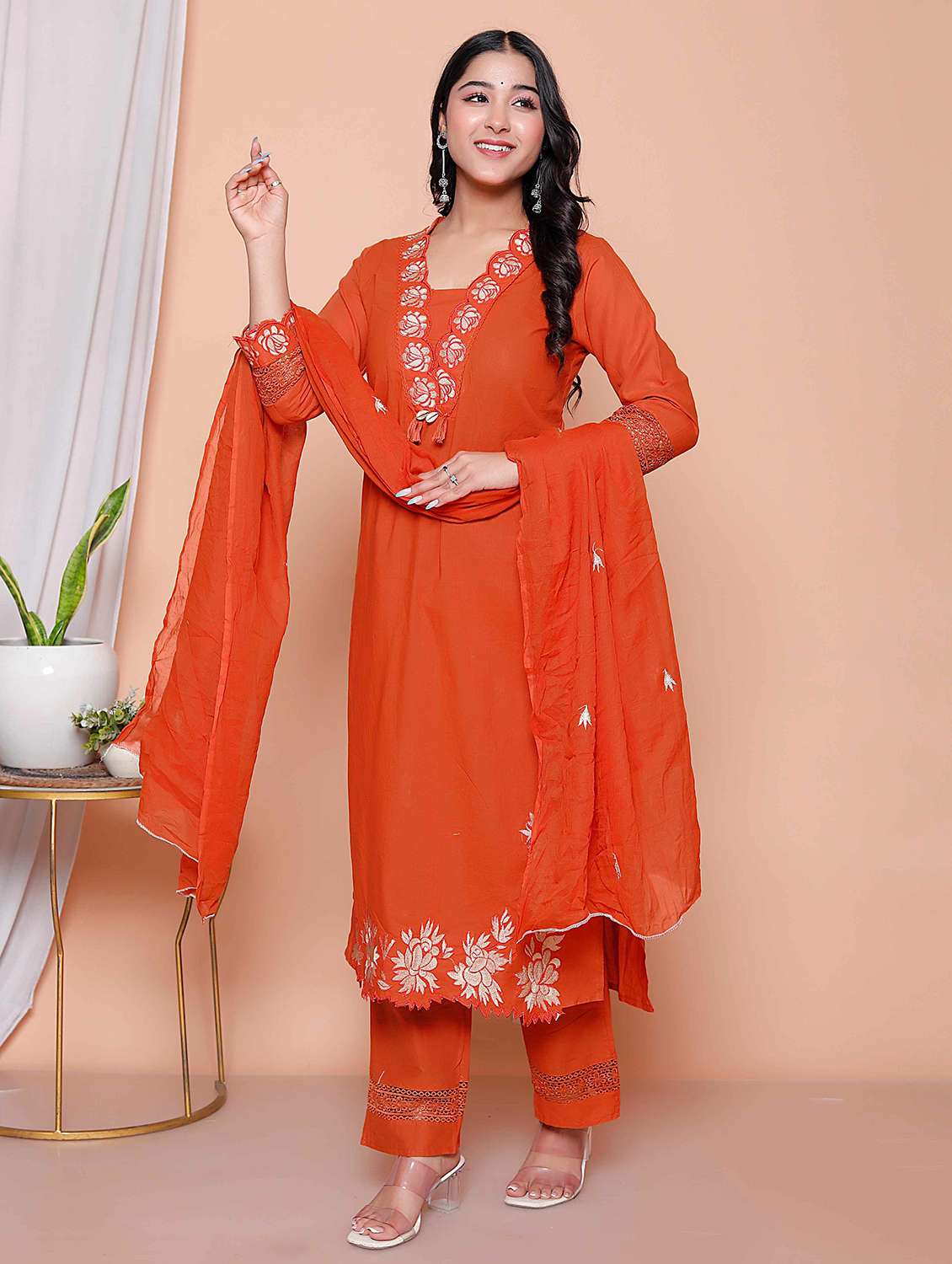 women solid with work three quarter sleeve kurta pant with dupatta set - 22317796 -  Standard Image - 1