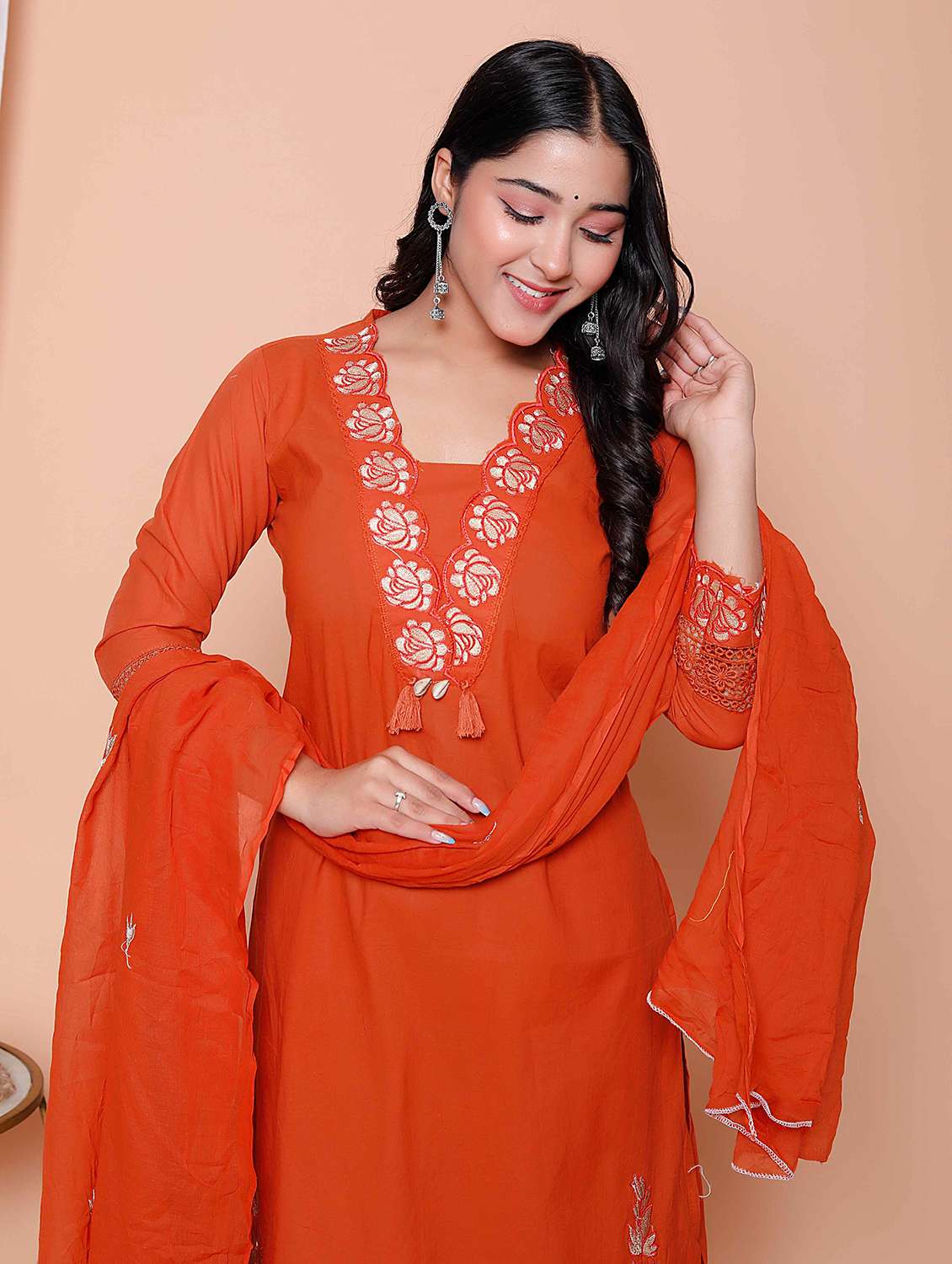 women solid with work three quarter sleeve kurta pant with dupatta set - 22317796 -  Standard Image - 4