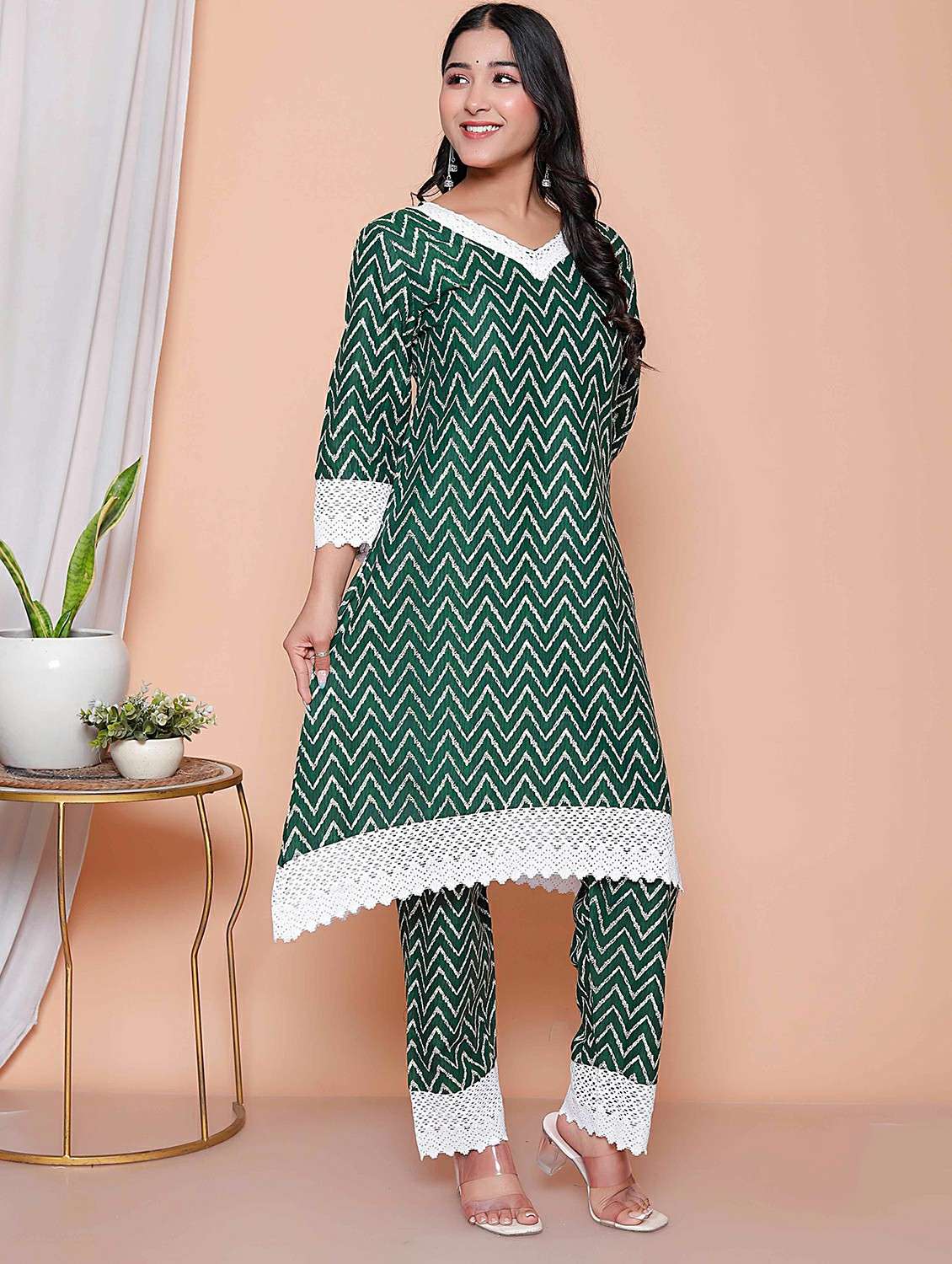women chevron printed three quarter sleeve kurta pant set - 22317798 -  Standard Image - 1