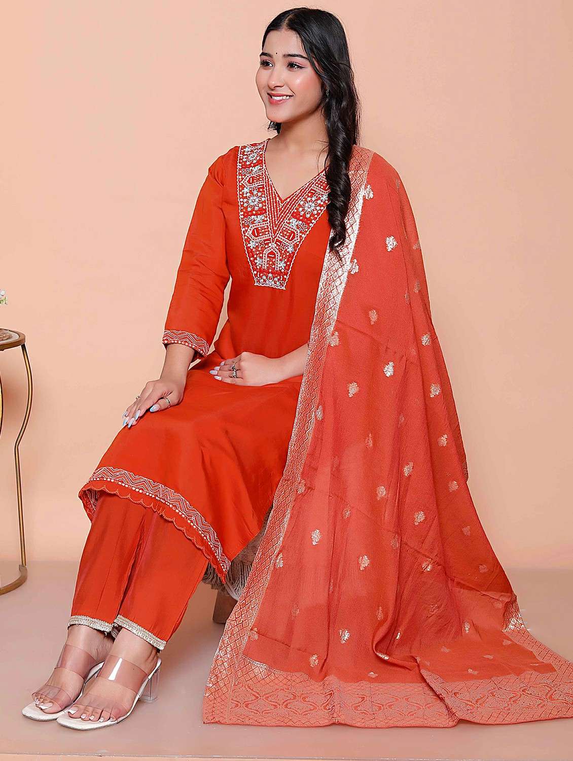 women solid with work three quarter sleeve kurta pant with dupatta set - 22317800 -  Standard Image - 1