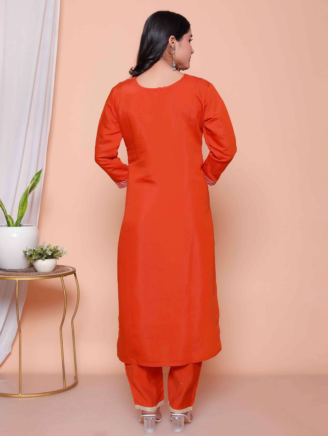 women solid with work three quarter sleeve kurta pant with dupatta set - 22317800 -  Standard Image - 4