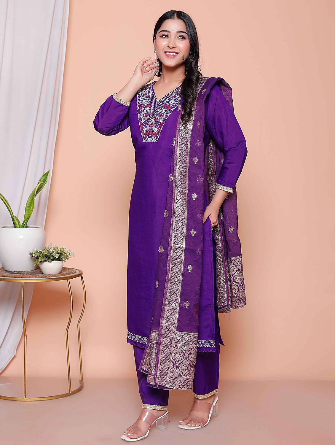 Women Solid With Work Three Quarter Sleeve Kurta Pant With Dupatta Set - 22317801 -  Standard Image - 1