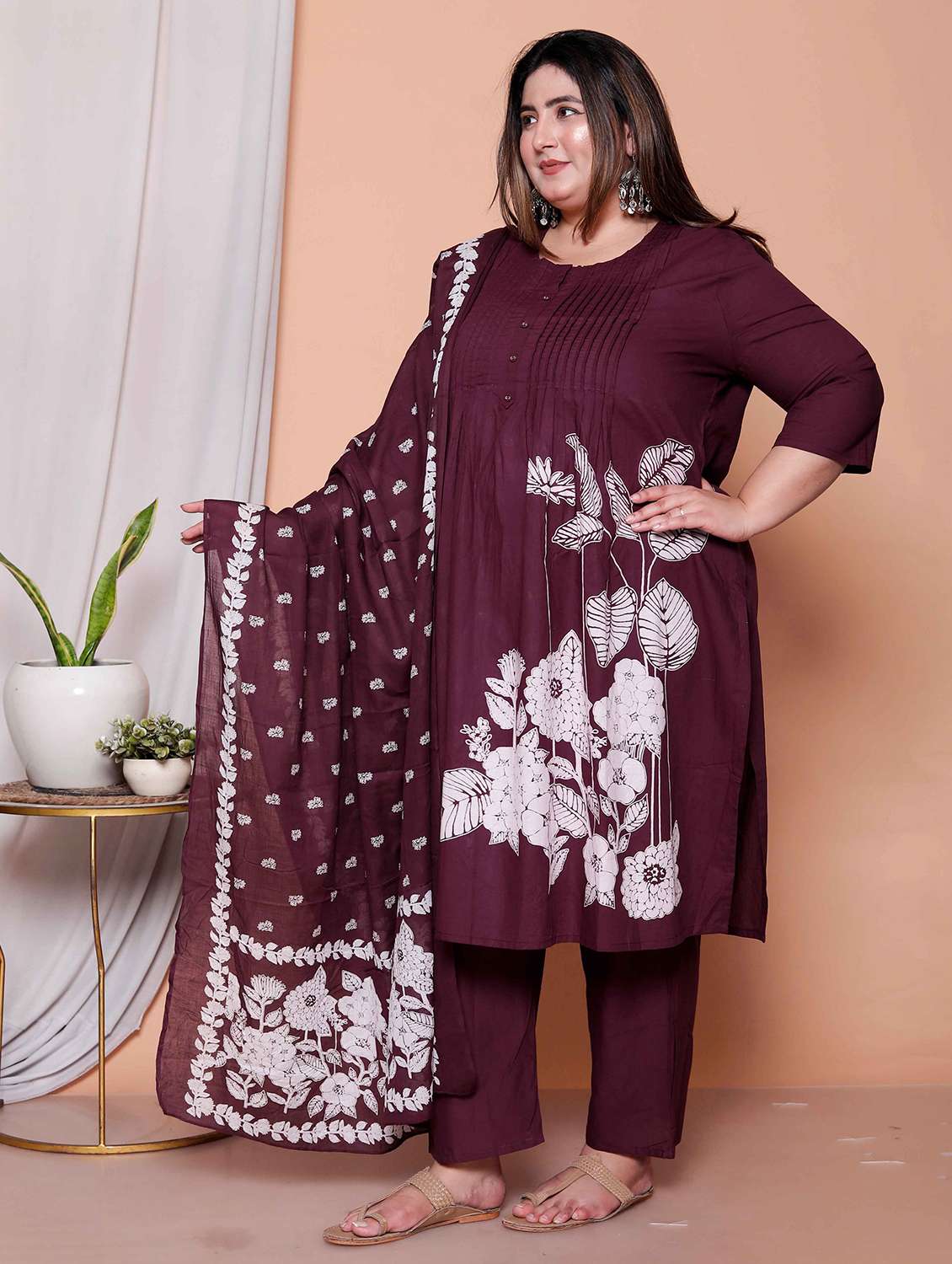 women plus size floral three quarter sleeve kurta pant with dupatta set - 22317806 -  Standard Image - 1