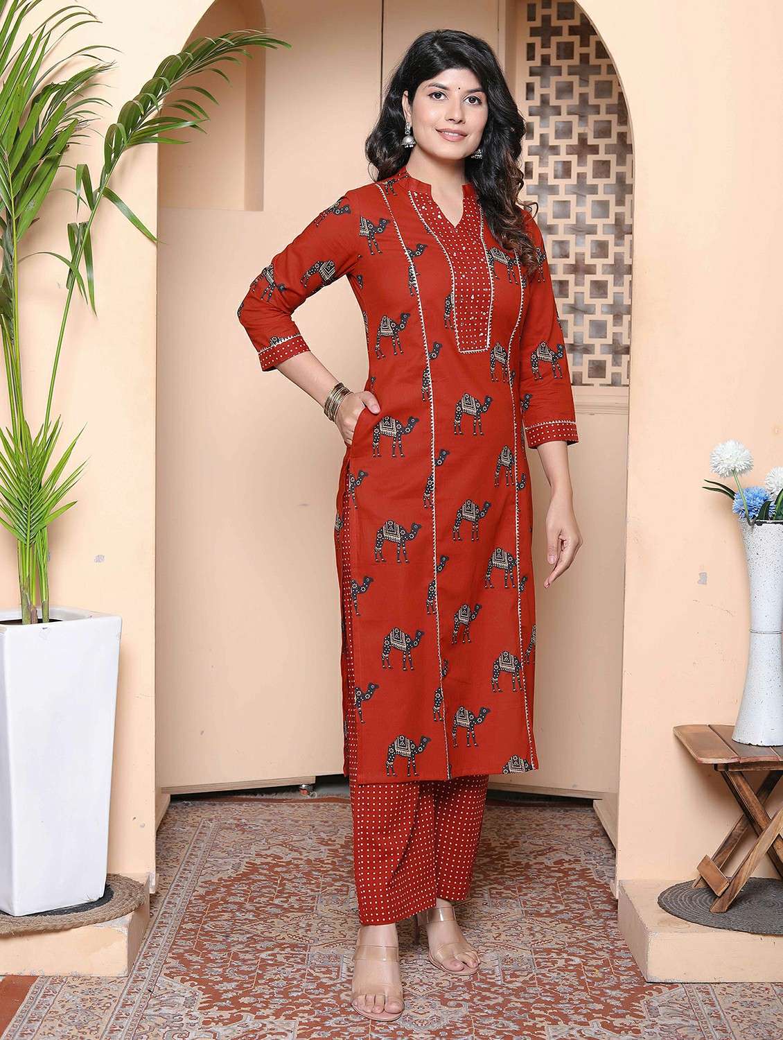 women printed three quarter sleeve kurta palazzo set - 22317810 -  Standard Image - 1
