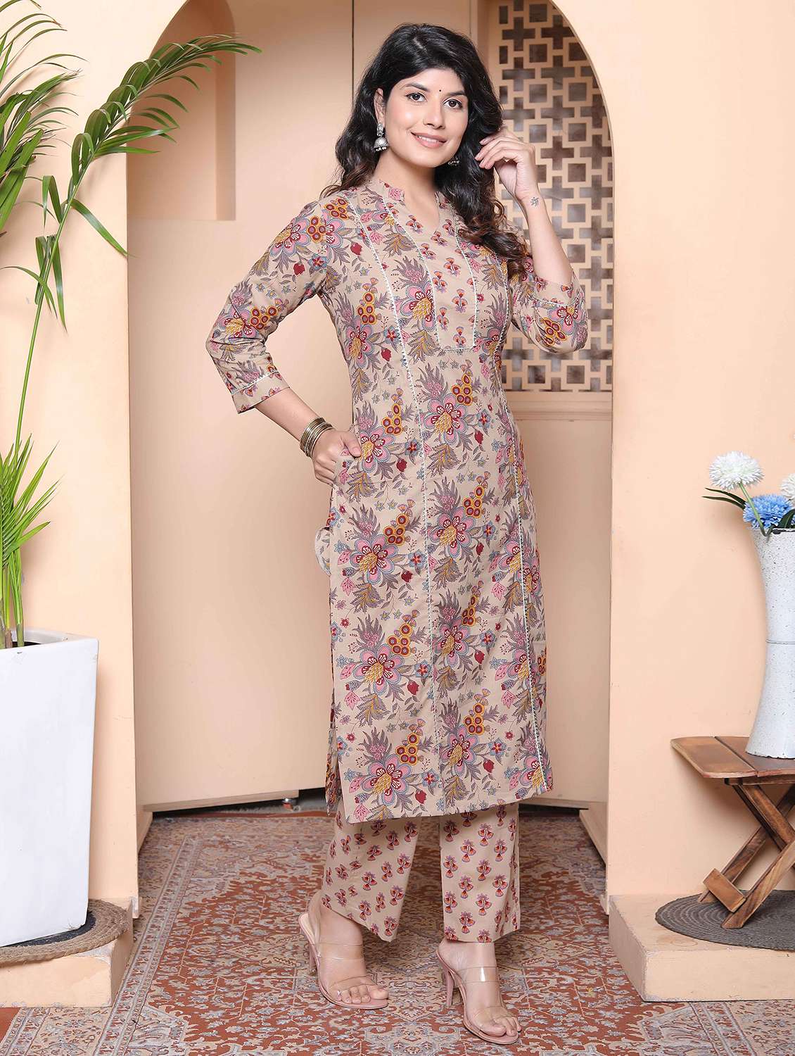 women floral three quarter sleeve kurta palazzo set - 22317812 -  Standard Image - 1