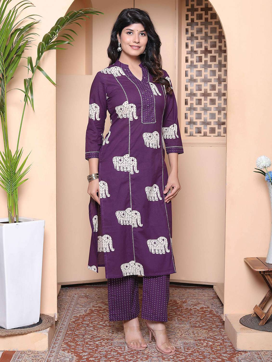 women printed three quarter sleeve kurta pant set - 22317814 -  Standard Image - 1