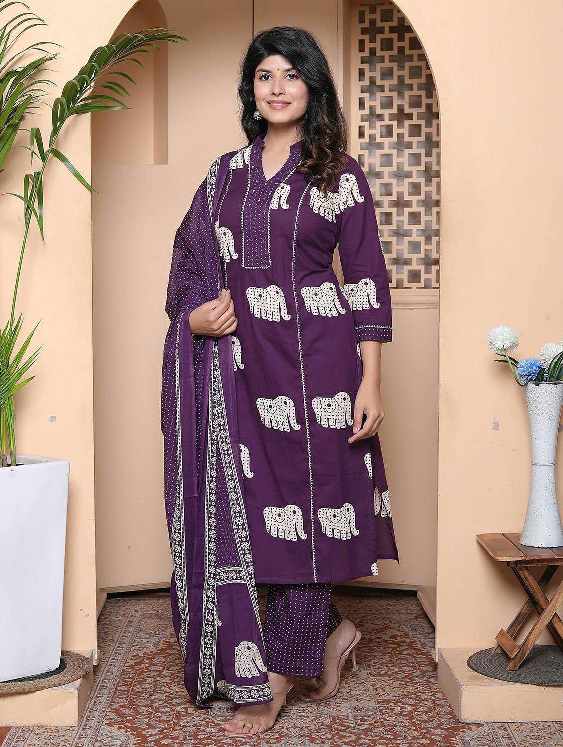 women printed three quarter sleeve kurta palazzo with dupatta set - 22317815 -  Standard Image - 1