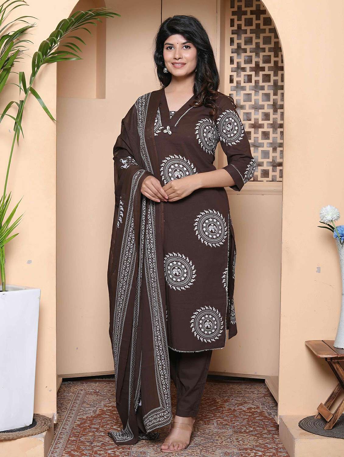 women printed three quarter sleeve kurta pant with dupatta set - 22317821 -  Standard Image - 1
