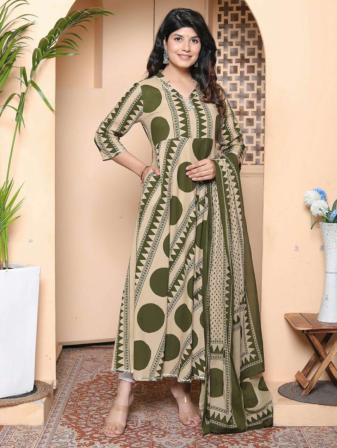 women printed three quarter sleeve kurta with dupatta set - 22317823 -  Standard Image - 1