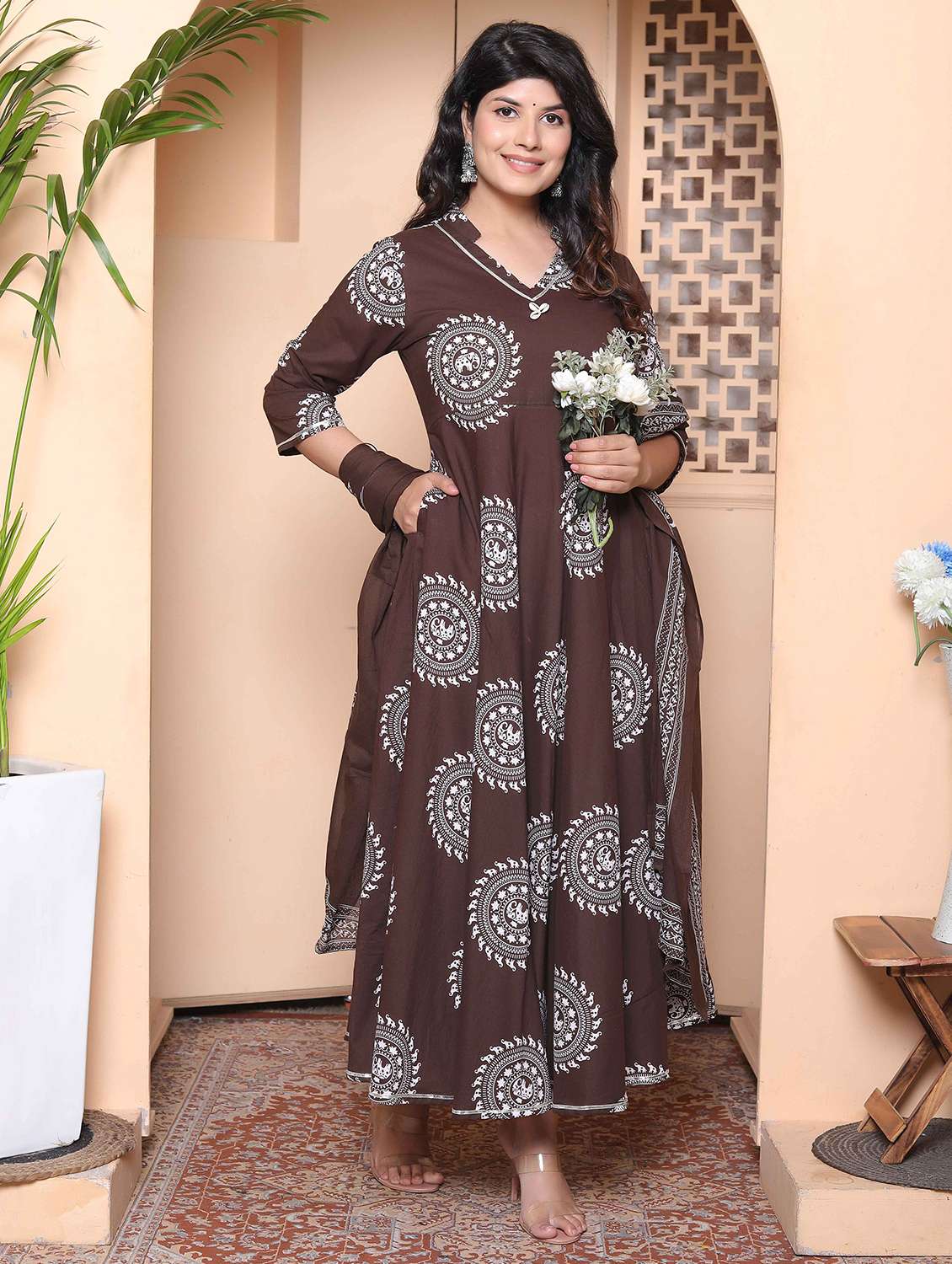 women printed three quarter sleeve kurta with dupatta set - 22317824 -  Standard Image - 1
