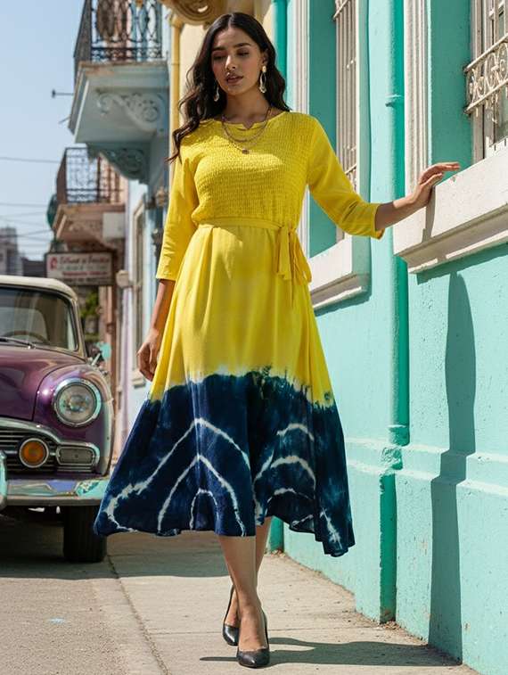 women printed three quarter sleeves fit & flare dress - 22318668 -  Standard Image - 1