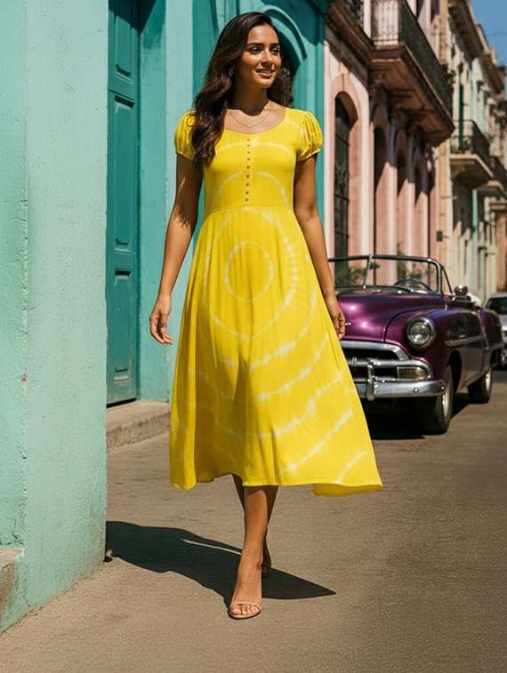 women printed round neck fit and flare dress - 22318671 -  Standard Image - 1