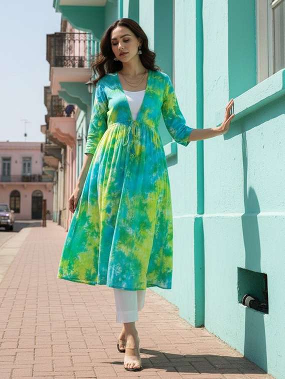 women tie & dyed three quarter sleeve long shrug - 22318675 -  Standard Image - 1