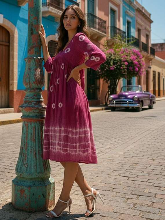 women printed three quarter sleeves fit & flare dress