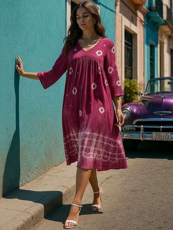 women printed three quarter sleeves fit & flare dress - 22318677 -  Standard Image - 1