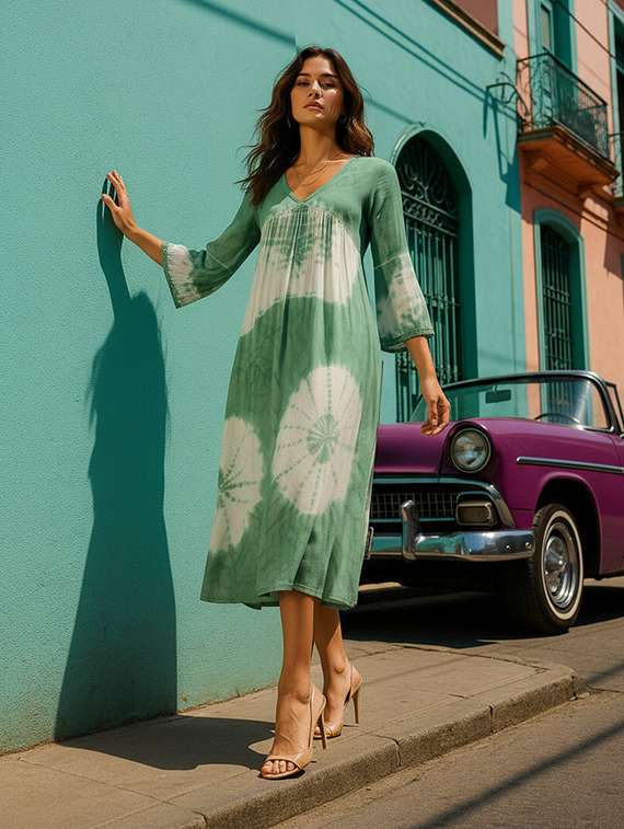 women printed three quarter sleeves fit & flare dress - 22318680 -  Standard Image - 1