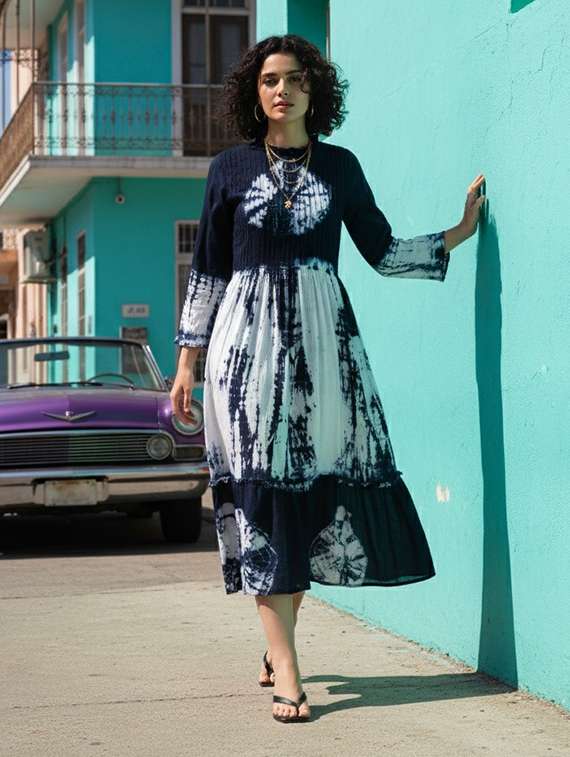 women printed three quarter sleeves tiered dress - 22318681 -  Standard Image - 1