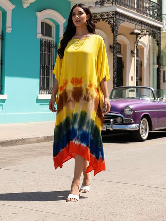 women printed kimono sleeve kaftan dress