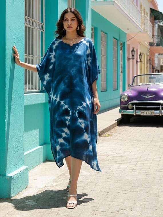 women printed kimono sleeve kaftan dress