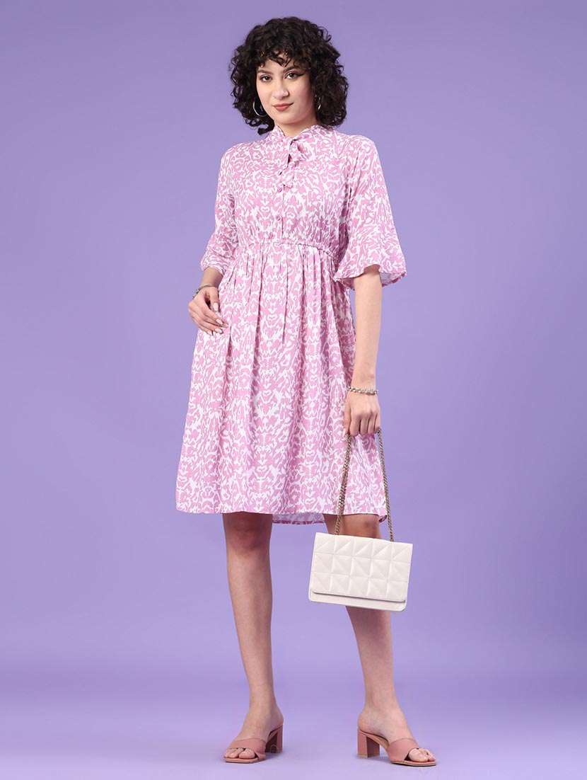 women printed bell sleeve a-line dress
