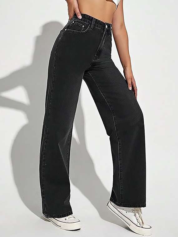 women solid high rise straight jean
