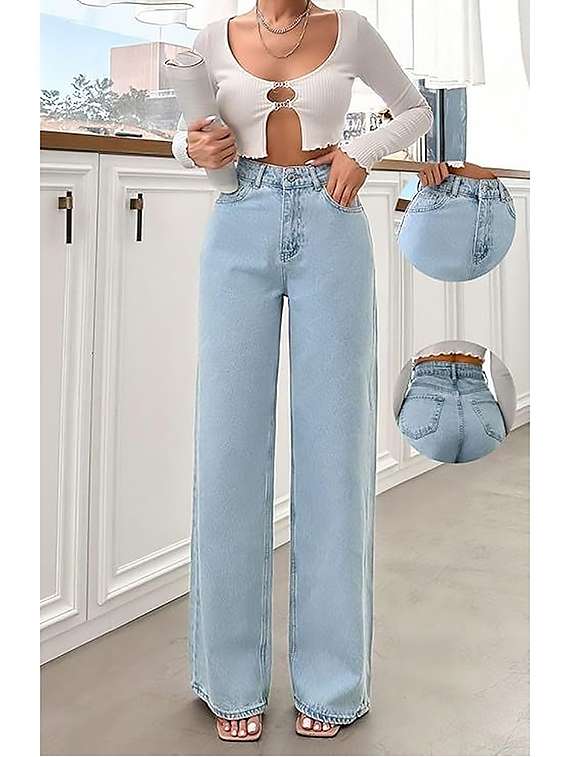 women plain high rise wide leg jeans - 22319270 -  Standard Image - 1