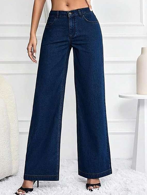 women solid high rise wide legeans