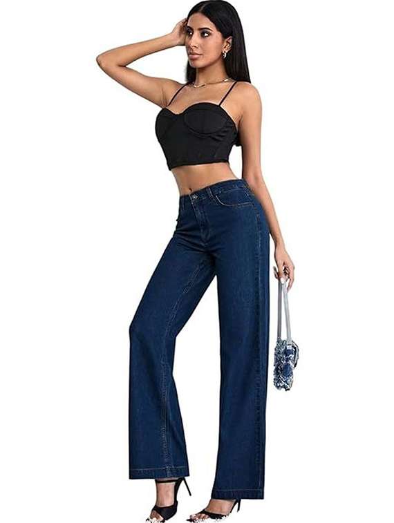 women solid high rise wide legeans - 22319322 -  Standard Image - 4