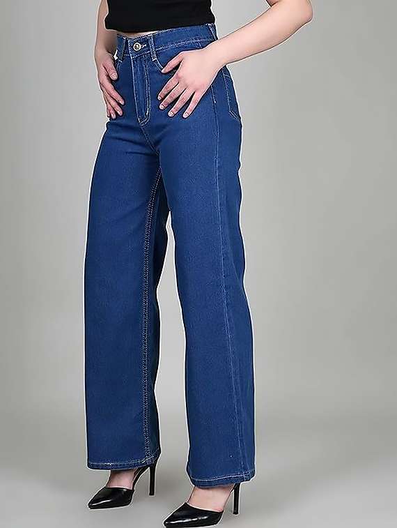 women plain high rise wide leg jeans - 22319397 -  Standard Image - 1