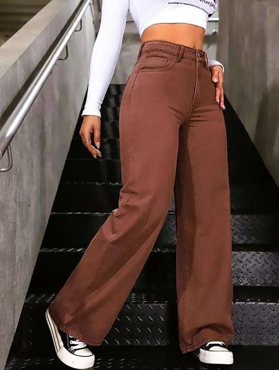 women plain high rise wide leg jeans - 22319416 -  Standard Image - 1