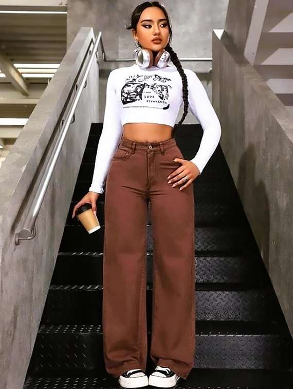 women plain high rise wide leg jeans - 22319416 -  Standard Image - 4