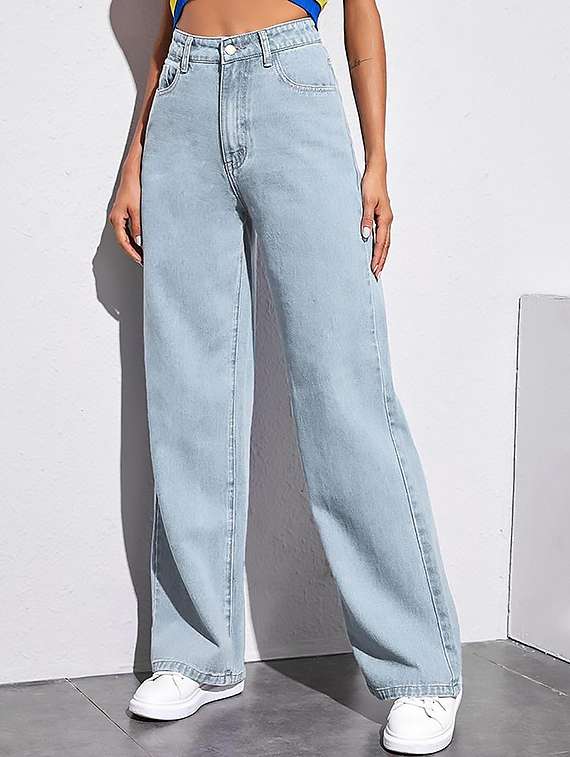 women plain high rise wide leg jeans - 22319435 -  Standard Image - 1