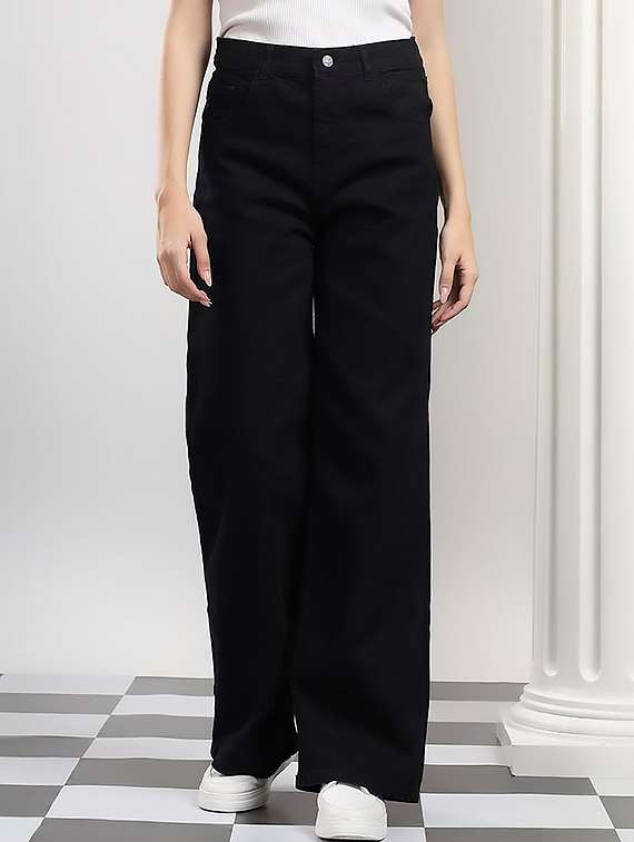 women plain high rise wide leg jeans