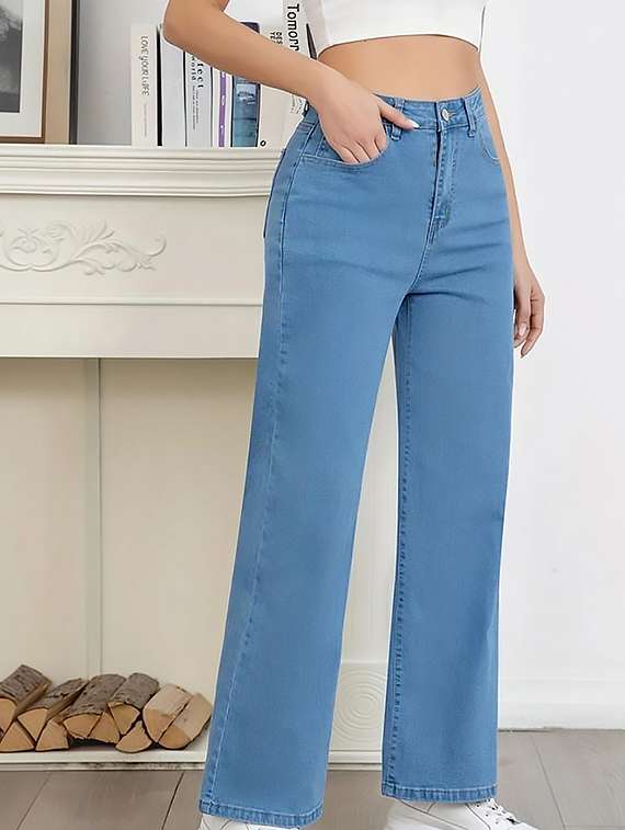 women plain high rise wide leg jeans