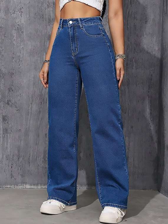 women plain high rise wide leg jeans
