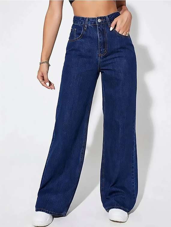 women plain high rise wide leg jeans