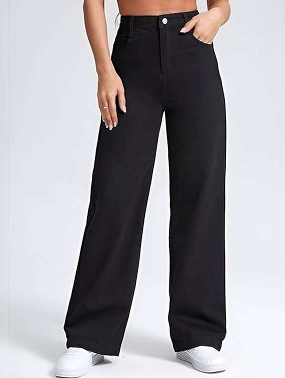 women solid high rise wide leg jean