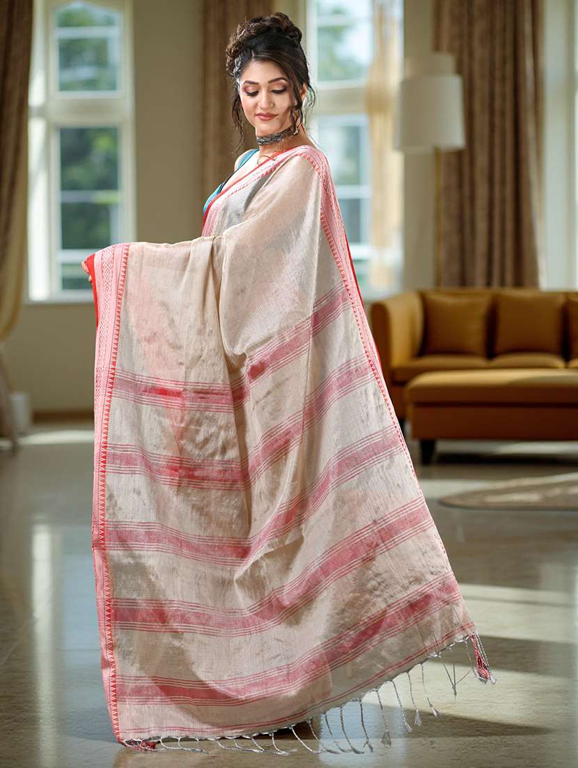 women solid with bordered handloom saree with blouse - 22319573 -  Standard Image - 1