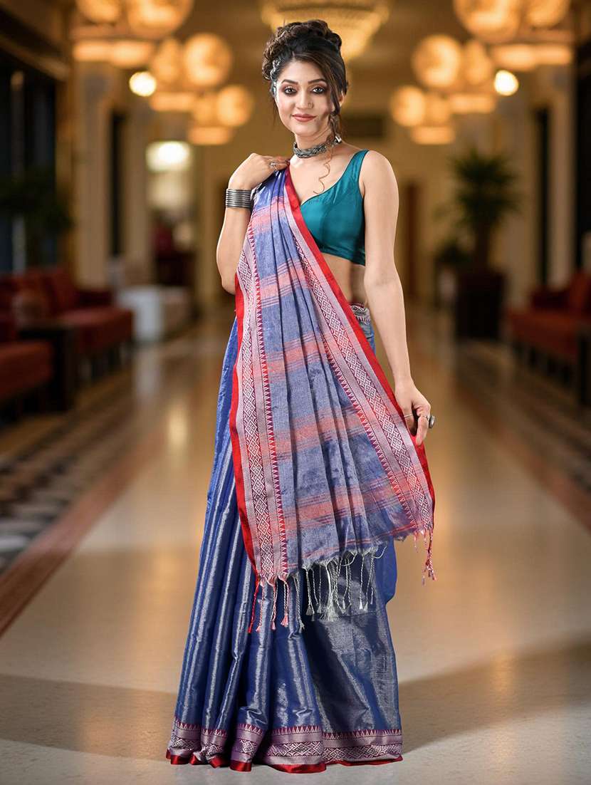 women solid with bordered handloom saree with blouse - 22319575 -  Standard Image - 1