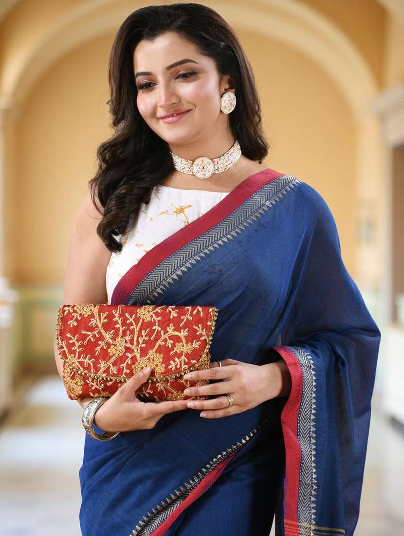 women solid with bordered handloom saree with blouse - 22319648 -  Standard Image - 1