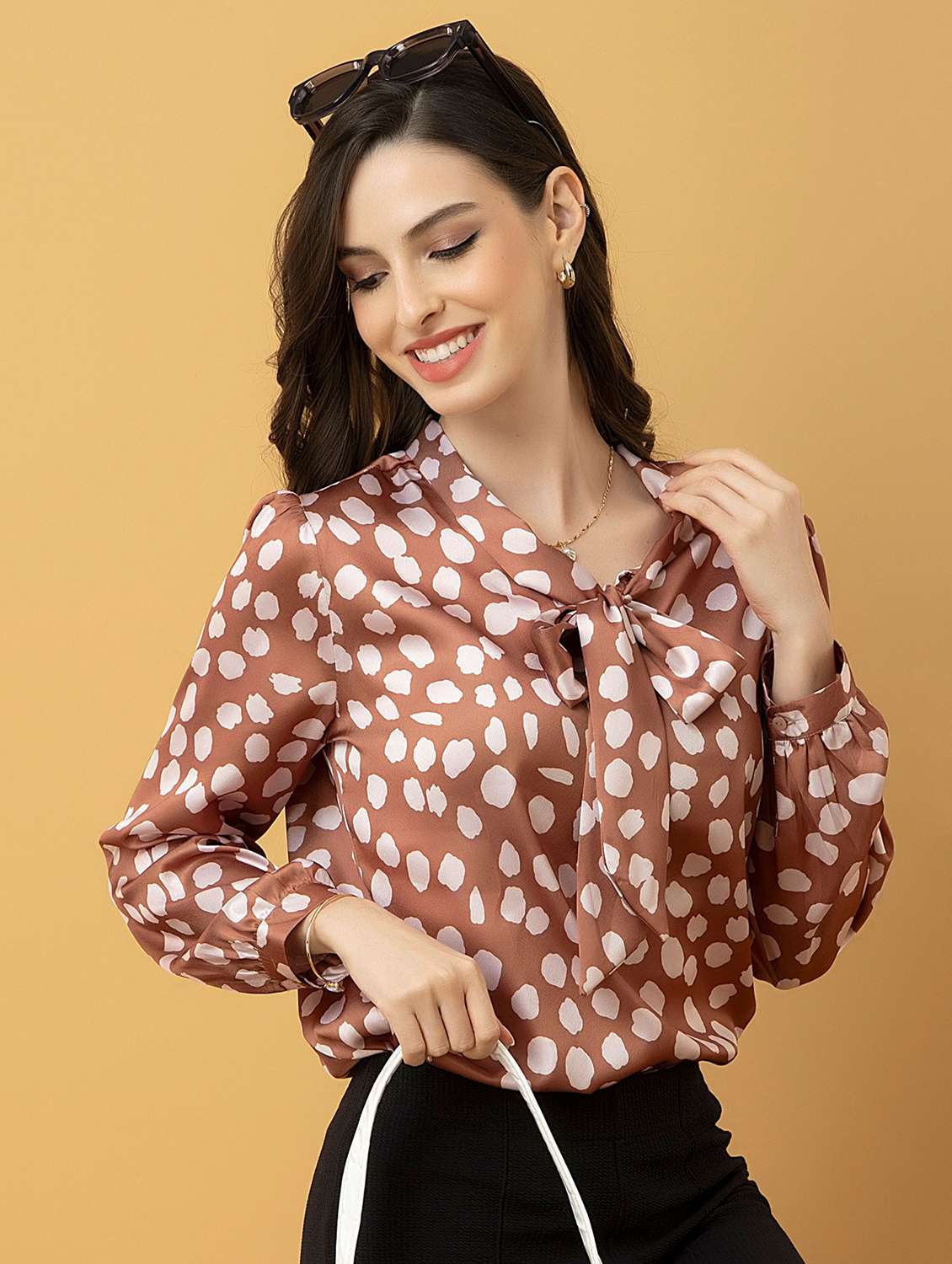 women printed tie-up neck long sleeve top