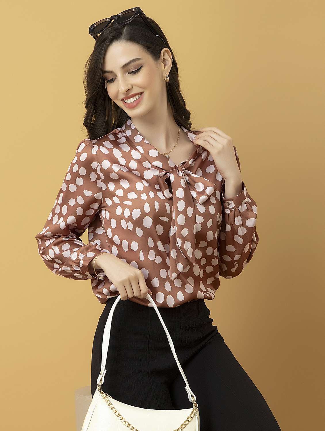 women printed tie-up neck long sleeve top - 22319650 -  Standard Image - 1