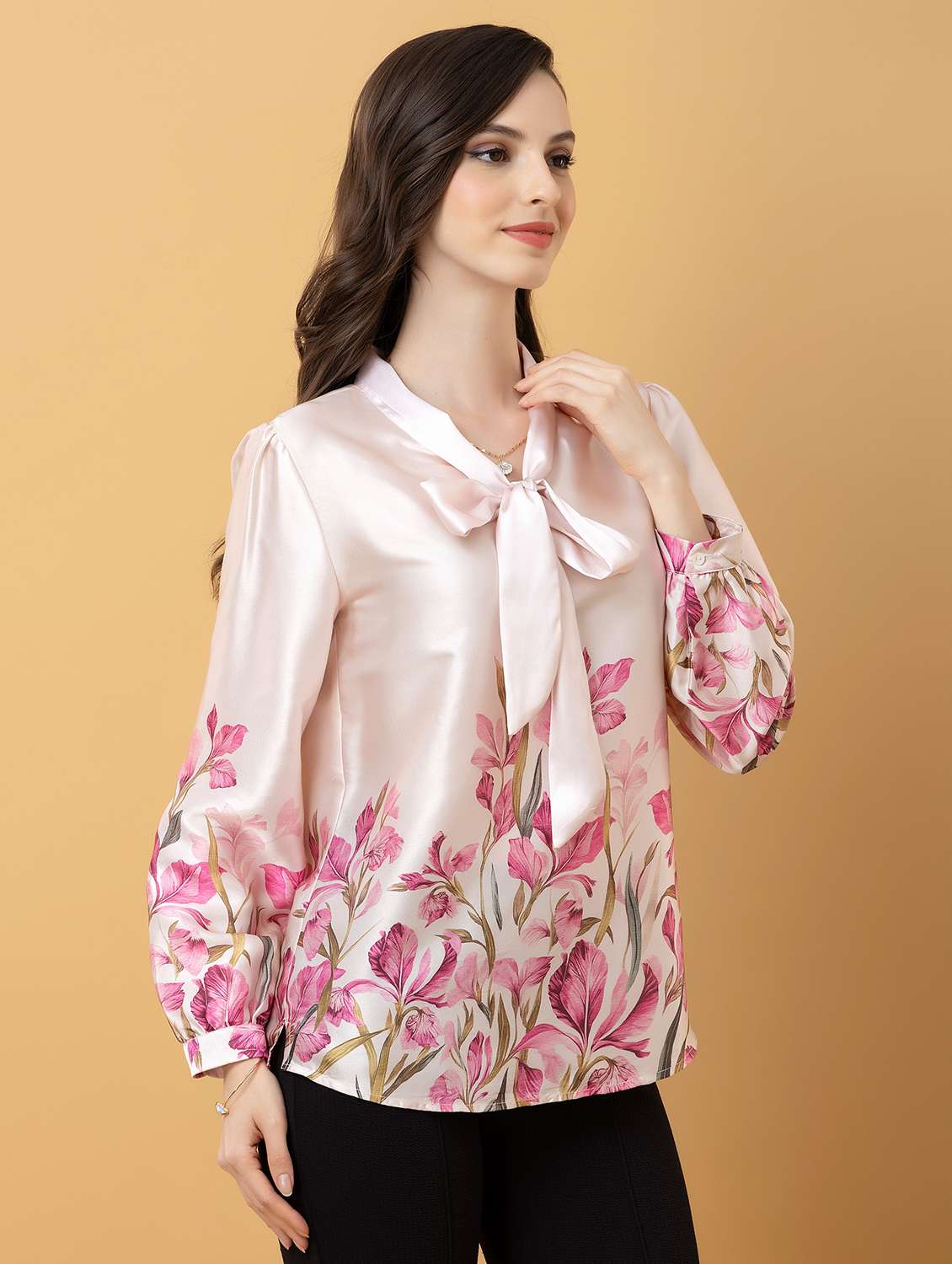 women floral print tie-ip neck long sleeve top - 22319651 -  Standard Image - 1
