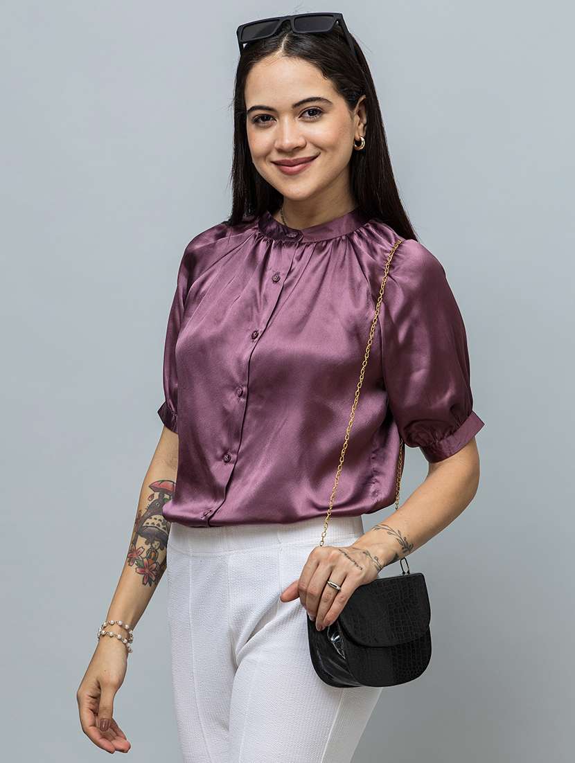 women solid puff sleeve regular top