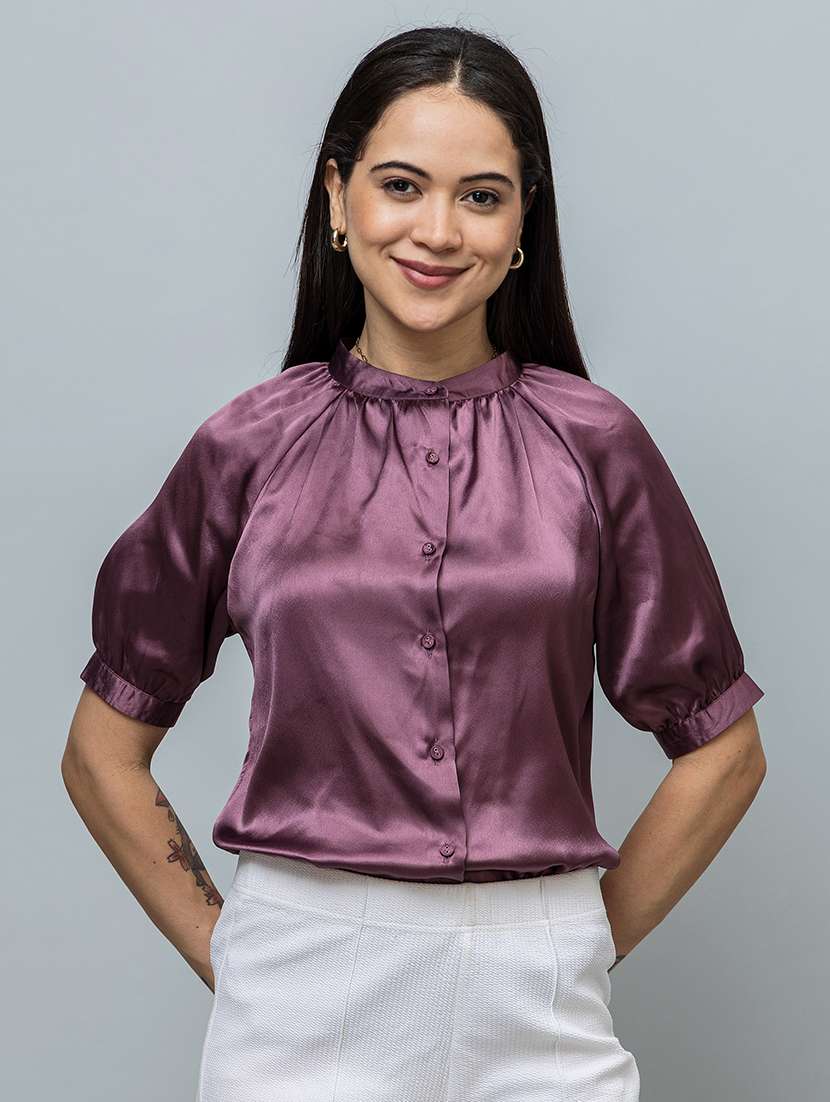 women solid puff sleeve regular top - 22319653 -  Standard Image - 1